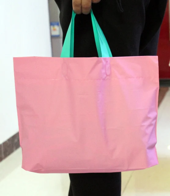 40*30*5cm lovely pink plastic shopping bag with blue handle pe shoes