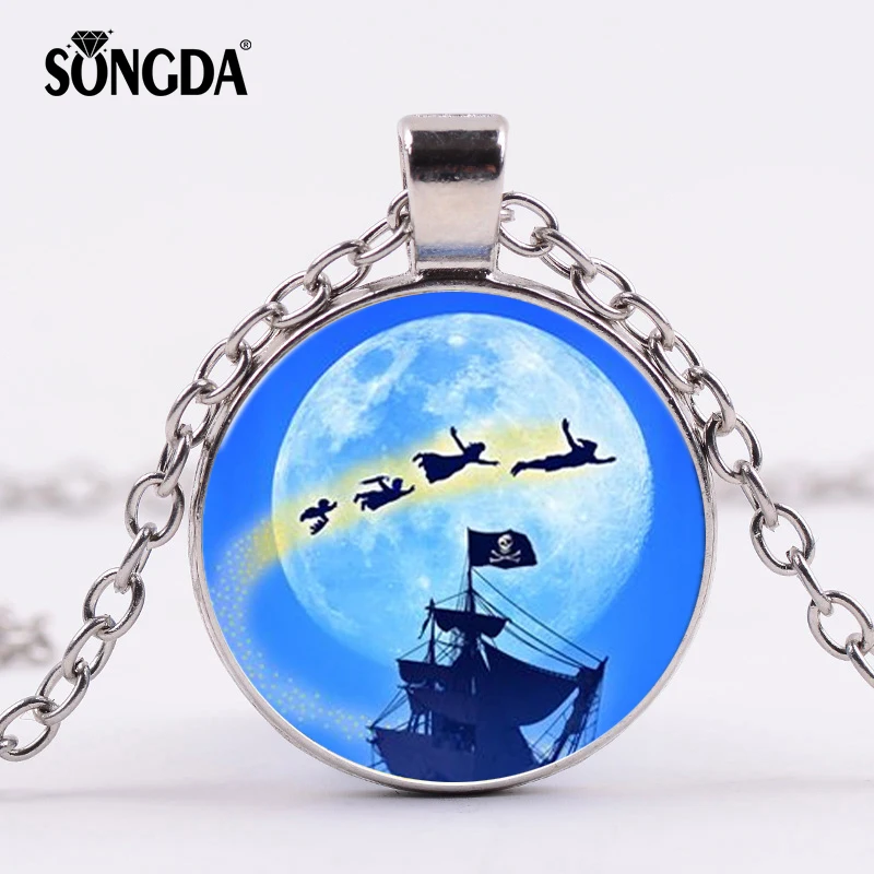 

SONGDA Mysterious Neverland Necklace Peter Pan Jewelry Never Grow Up Art Photo Glass Cabochon Pendant Choker for Children Gifts