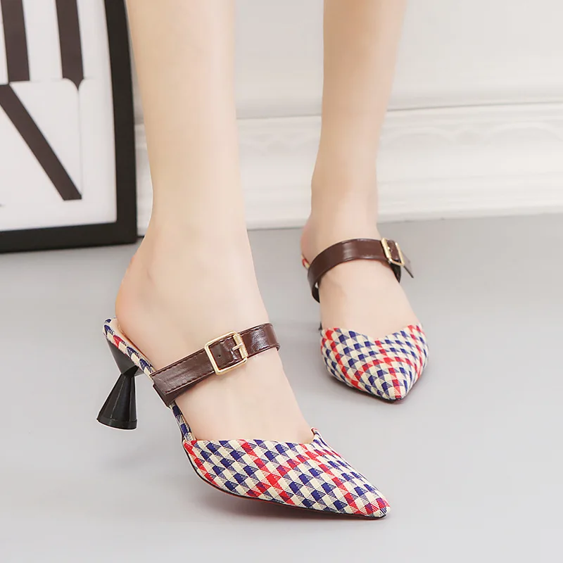 

Women's Sandals 2018 Summer New Blue White Plaid Girls Sandals Female High-heeled Buckle Pointed With Single Shoes
