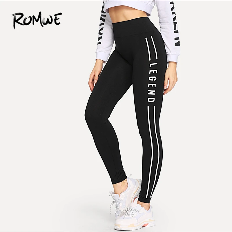 

ROMWE Letter Print Side Skinny Leggings Chic Black Women Active Wear Leggings 2019 Fabulous Fitness Stretchy Leggings