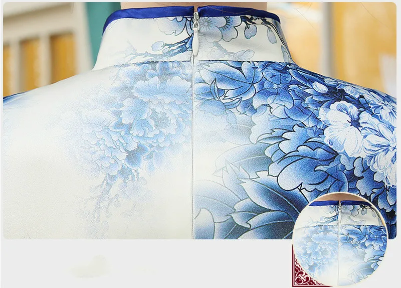 Элегантный длинный Шелковый Cheongsam летнее китайское древних платье Мини Синий Qipao свадебное платье атласные вечерние платья 18