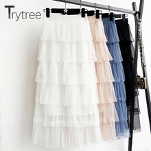 Trytree лето осень романтическая трапециевидная многослойная сетчатая Женская юбка сплошная каскадная плиссированная повседневная юбка женские юбки