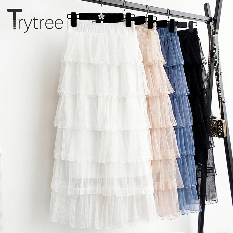 

Trytree Summer Autumn Romantic A-line Multi-layer Mesh Women Skirt Solid Cascading Ruffles Pleated Skirt Casual Female Skirts