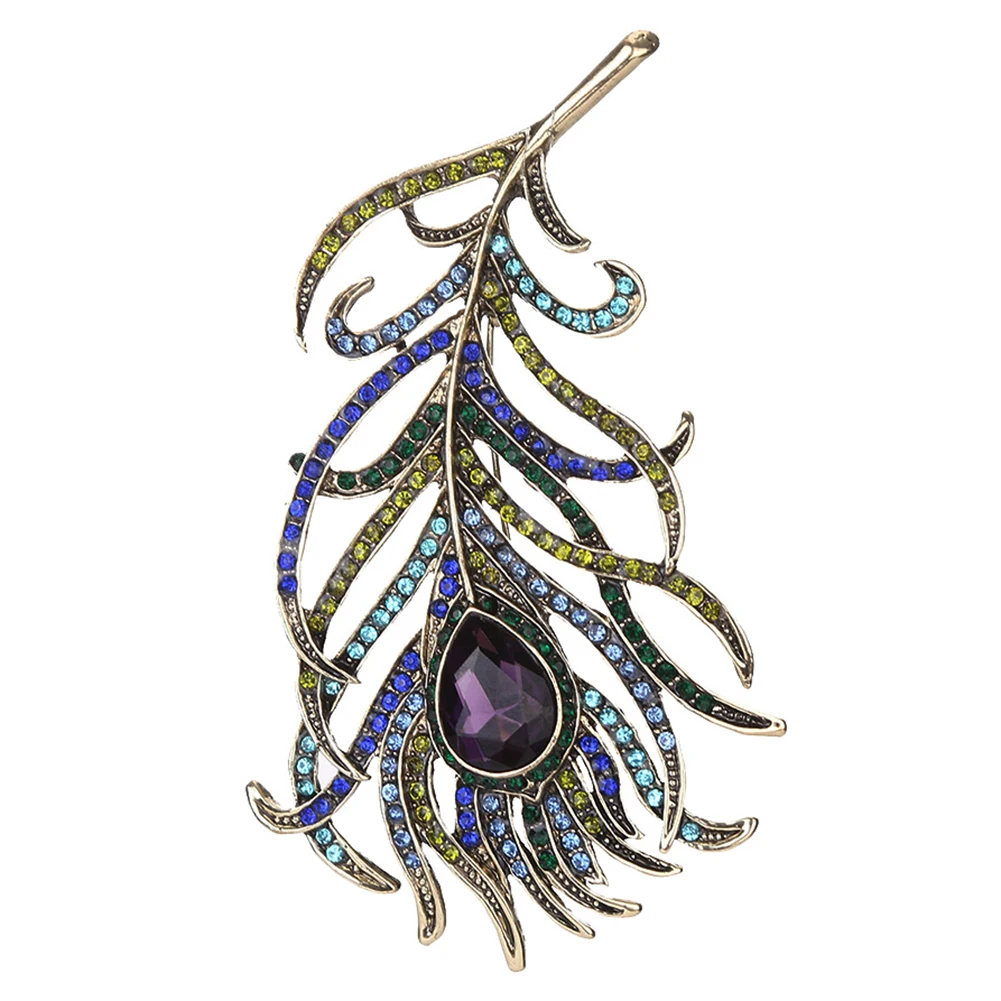 

Women Retro Multicolor Rhinestone Feather Brooch Hijab Scarf Broches Coat Sweater Clips Wedding Pins Mujer Femmes spille Corsage