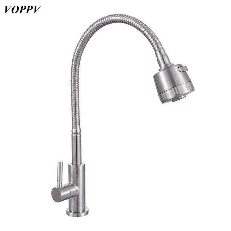 

VOPPV Kitchen Faucet Dish Washing Contemporary Style Stainless Steel Cold Water Ceramic Plate Spool Home Kitchen Sink Faucet