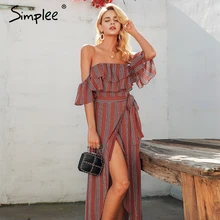 Женское летнее длинное платье Simplee в полоску, пикантное льняное винтажное женское праздничное пляжное платье с открытыми плечами и разрезом