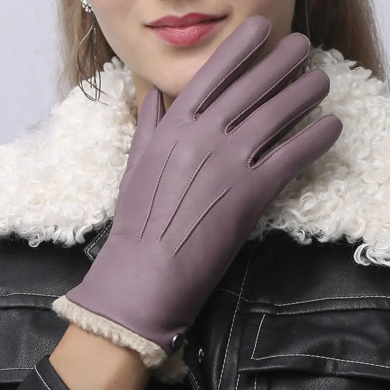 Высококачественные женские перчатки из натуральной кожи, осенне-зимние теплые бархатные Модные Простые перчатки из овчины, женские NW181-1 - Цвет: Светло-фиолетовый