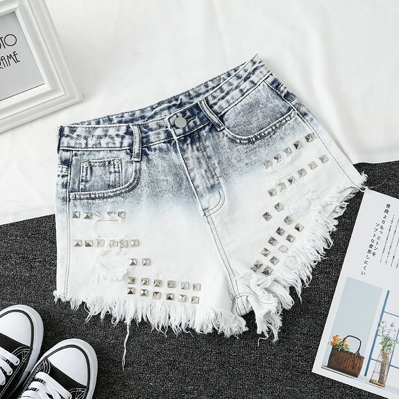 

Womens Light Blue Gradient Denim Shorts Trendy Raw Edged Rivets High Waist Jeans Female Wild Fashion Mini Cowboy Shorts New D341