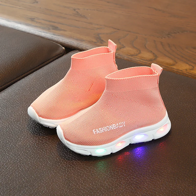 Новая детская обувь для девочек, детские кроссовки со светящейся подошвой, парусиновая обувь для малышей-мальчиков, Детская светящаяся вязаная обувь C01113