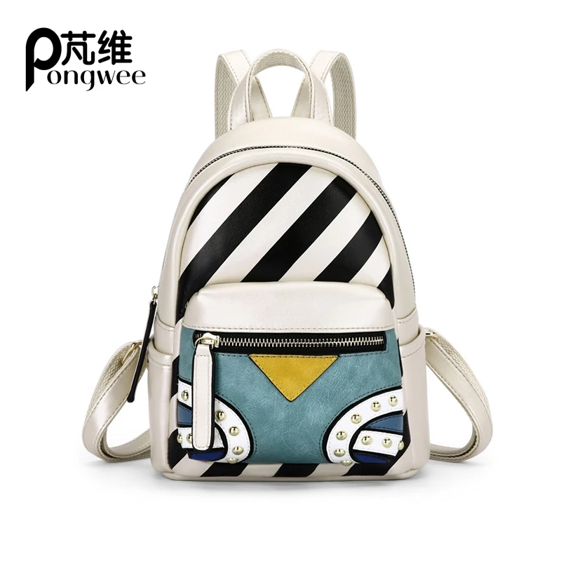 

PONGWEE Fashion School Bag Brand Designer Bohemia Spanish Style Backpack Women Striped Rivets PU Leather Backpacks