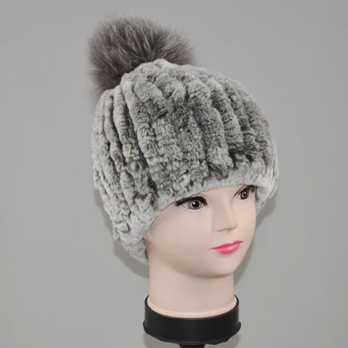 white gray Новая зимняя Русская Шапка из натурального меха кролика Рекс женская хорошая эластичная теплая ручная работа вязанный натуральная шерсть шапки помпоны из лисьего меха шапочки - Цвет: white gray