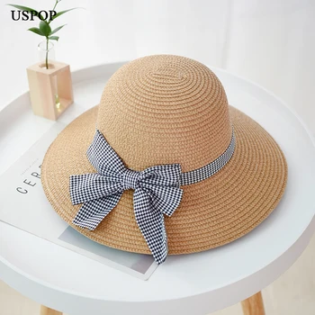 

USPOP 2019 Newest womenstraw sun hats sweet plaid big bow-knot straw hats casual female wide brim beach hat