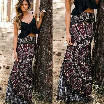 

New Womens Floral Boho Sun Tribal Floral Maxi Summer Beach Waist Long Casual Skirts
