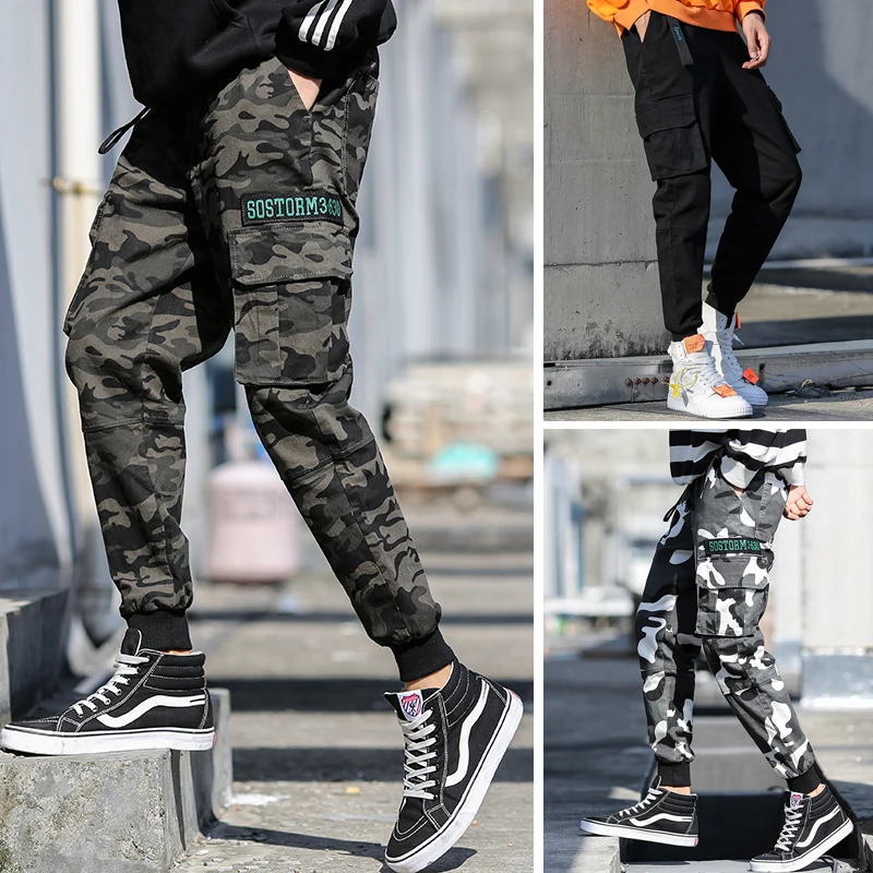 

019 Spring and Autumn Summer New Harem Pants Men's Feet Hip-hop Loose Tooling Trousers Slim Camouflage Green Gray Black