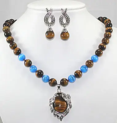 

Tiger eye pendant necklace Earring Set 18''Crystal Healing Chatoyant>^^1>18K gold plated watch Quartz stone CZ crystal (A0503)