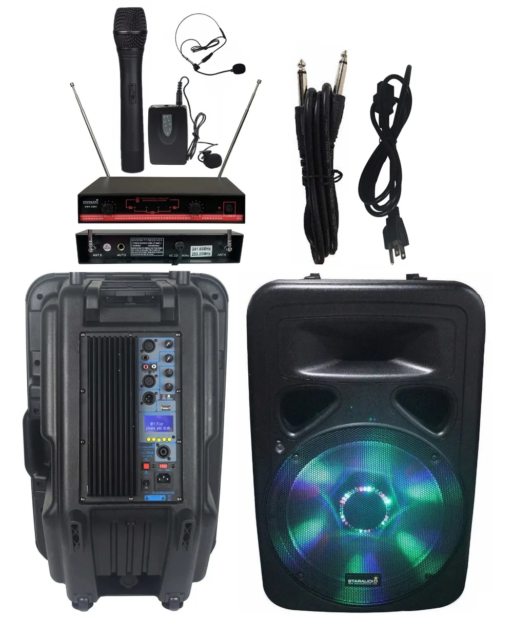 15'' 3500W dj pa stage speaker 2ch vhf wireless handheld headset mic 