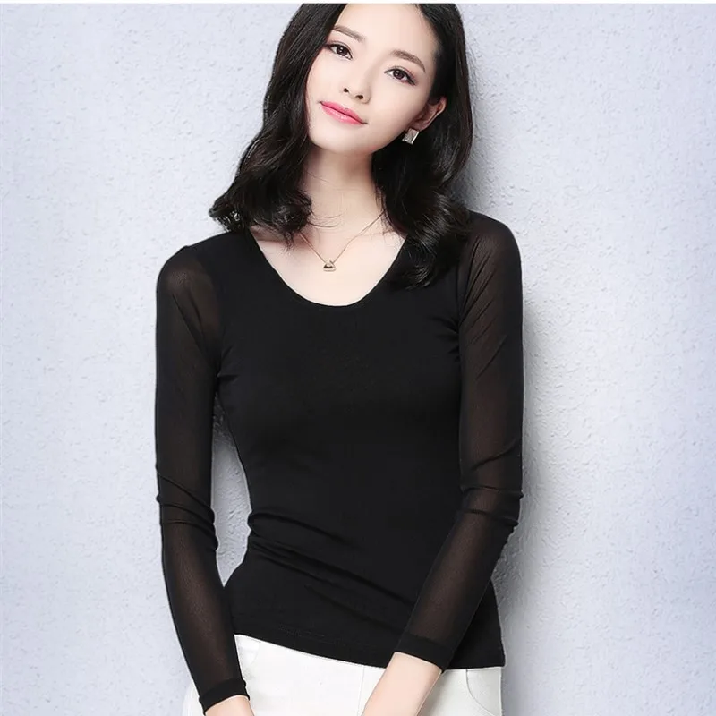 

S-3XL!New Arrive Women Fashion Basic T-Shirt Solid Gauze T-shirt Large Size Show Thin Long Sleeve T-shirt