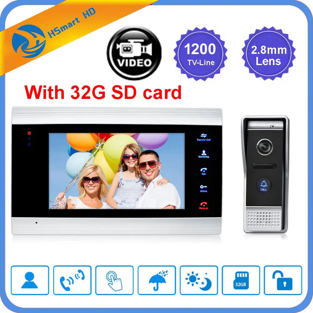 Home 7 inch LCD Video Doorbell 1200TVL Waterproof IR Camera Door Phone Intercom System Motion Detection Doorphone +32G SD card Home 7 inch LCD Video Doorbell 1200TVL Waterproof IR Camera Door Phone Intercom System Motion Detection Doorphone +32G SD card