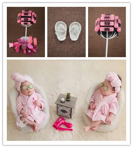 

Perm rods cap+electric hair drier+comb+mirror+lipstick+slipper set tea table newborn photography props