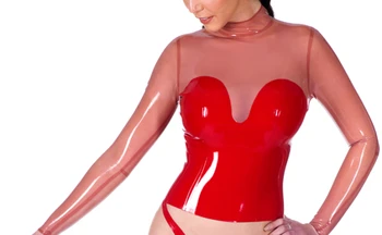 

New arrival Latex Rubber Long Sleeves Shirt Rubber Patchwork Top Costumes Transparent Pink With Red