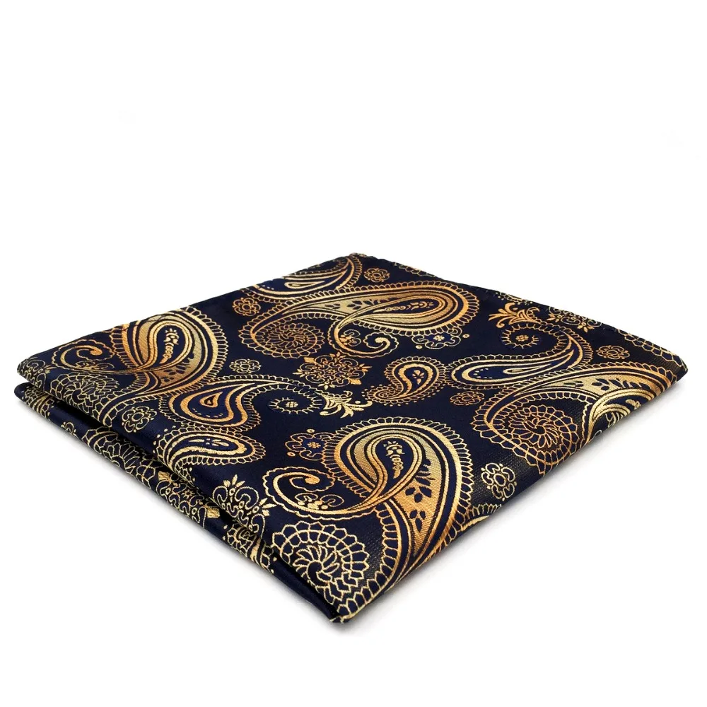 

Paisley Black Gold Pocket Square Mens Ties Silk Jacquard Woven Hankies