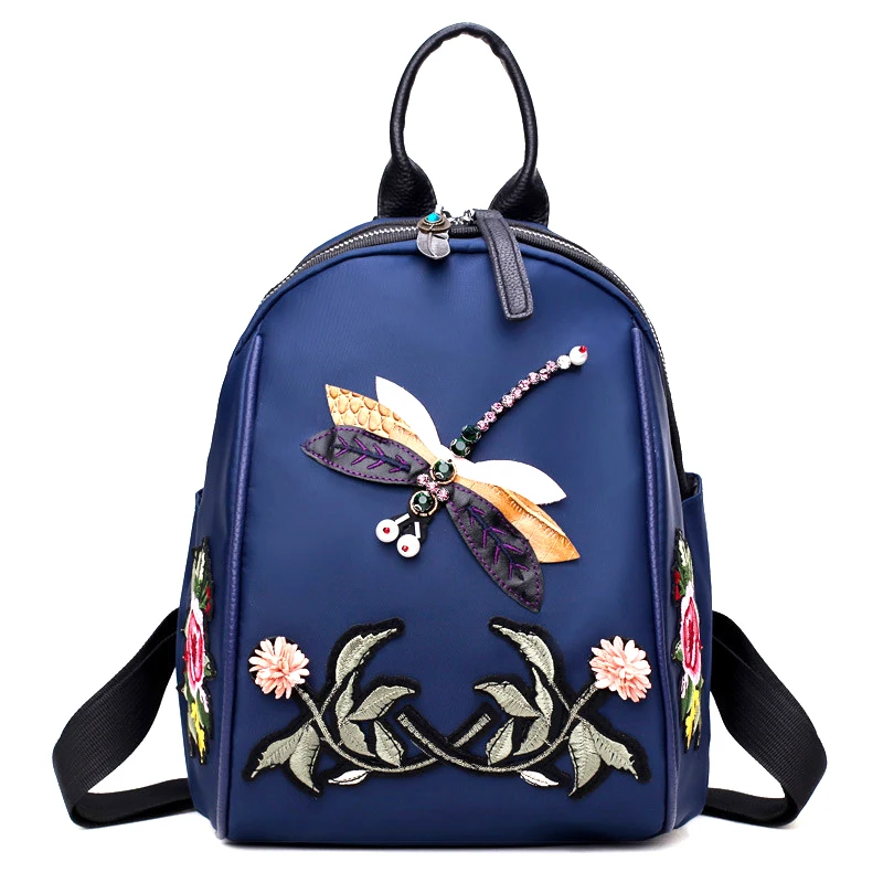 

new female flowers embroidery Backpacks black Oxford cloth china national style bag Vintage school bag for teenage girls M359