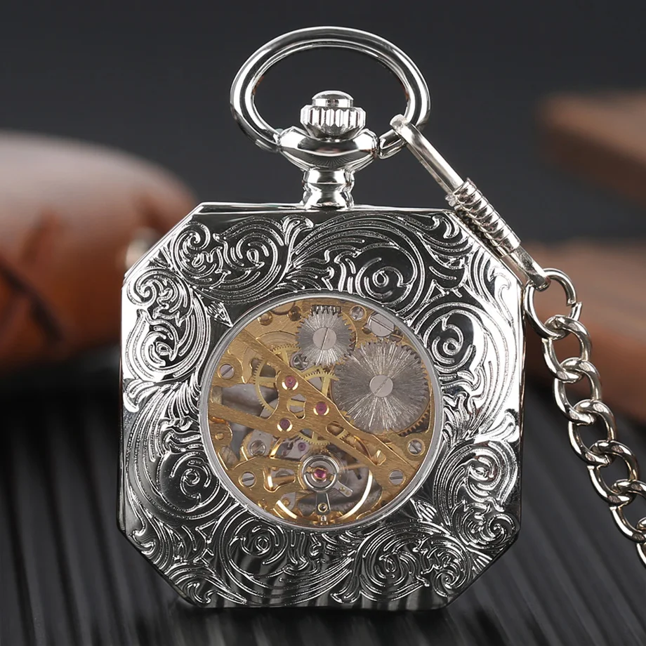Luxury Silver Half Hunter Mechanical Pocket Watch Irregular Double Tiger Hand Wind Watches Men Women Top Gift For Xmas Birthday (8)