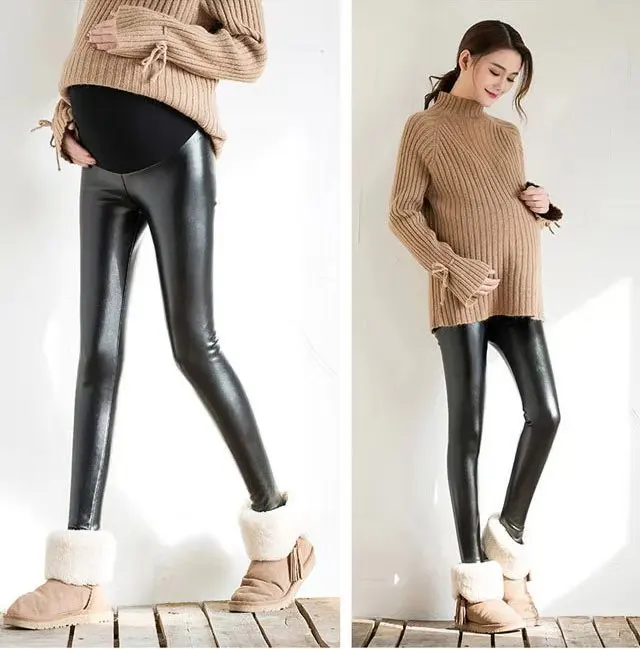 Теплые Супермягкие брюки из искусственной кожи для беременных; сезон осень-зима; Бархатные Черные Леггинсы для беременных; плотные эластичные обтягивающие брюки