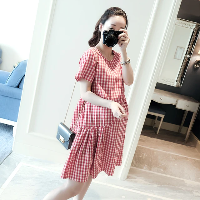 summer korea cute plaid pregnant dress cotton short sleeve clothes cute plus size maternity clothes