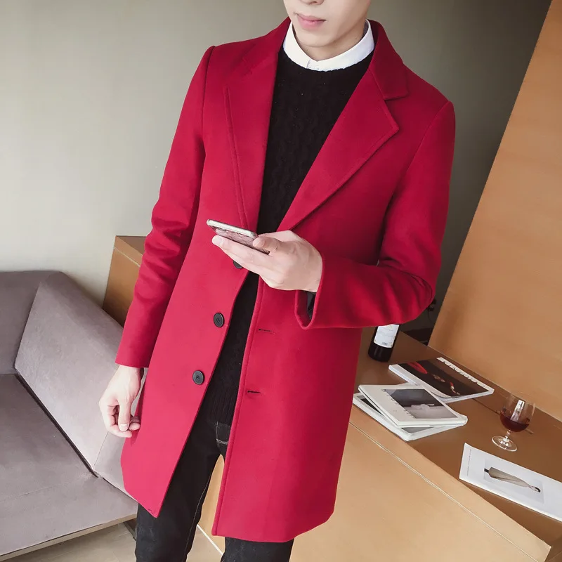 Мужская одежда, шерстяное пальто, Осень-зима, Корейская версия, новая белая тонкая Повседневная Длинная ветровка, шерстяная куртка, Тренч, пальто - Цвет: Красный