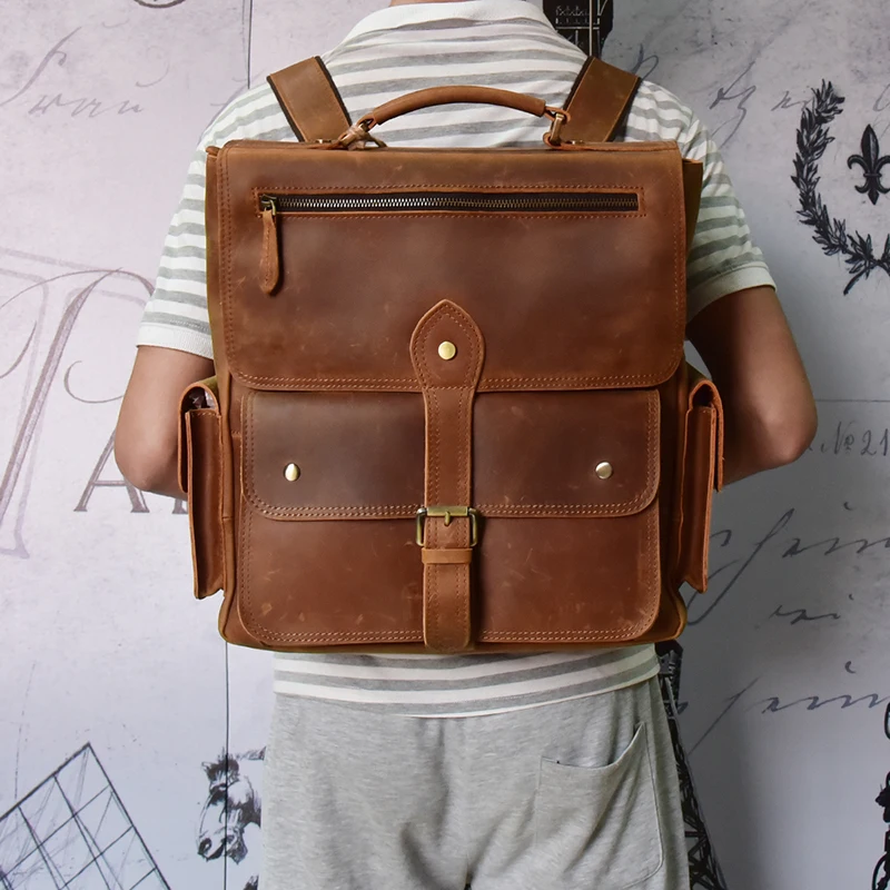 Мужской рюкзак из натуральной кожи, 14 дюймов, сумка для ноутбука, Crazy horse, кожаная деловая сумка-тоут, 2 использования, коровья кожа, рюкзак, сумка для выходных