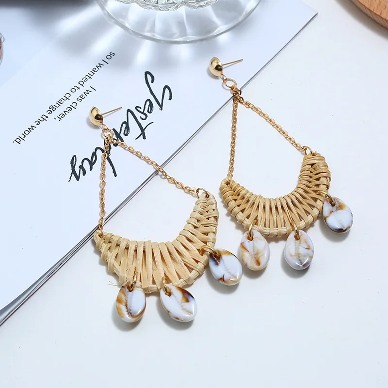 

Fashion bamboo weave natural shell dangle drop earring for women exaggerated crescent moon statement earrings jewelry girl gift