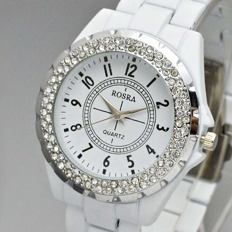 Rosra, модные женские часы, белые, нержавеющая сталь, кристалл, кварцевые часы, женские повседневные наручные часы, Montre Femme Relogios Feminino