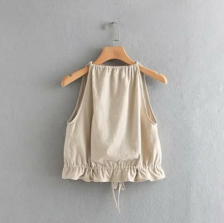 

Back Bow Tie Drawstring Vest Blouses Womens Tops Solid Female Loose Smock Linen Shirt 2019 Summer Blouses