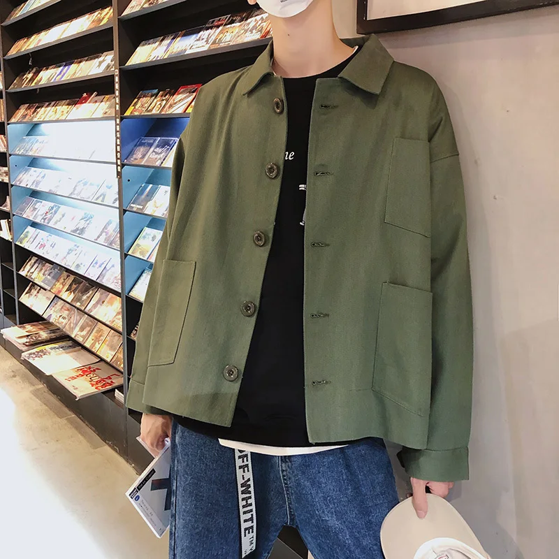 

Korean Autumn And Winter 2018 New Men's Fashion Pocket Decoration Work Clothes Loose Casual Solid Color Washed Jacket Coat M-2XL