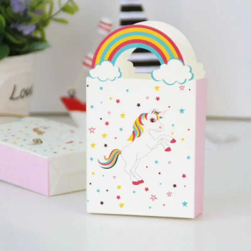 

50pcs Cartoon Unicorn Rainbow Flat Mouth Paper Bag Wedding Party Favor Paper Candy Box Baby Shower Birthday Gift Box