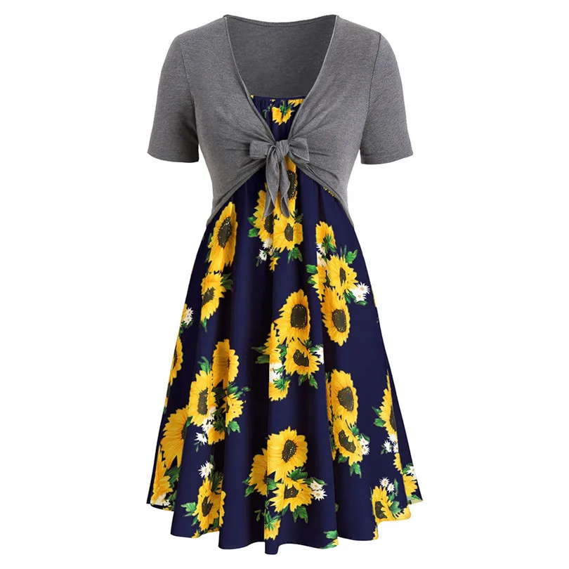 New Women Summer Sexy Short Sleeve Bow Knot Bandage Top Sunflower Print Mini Dress Suits Bohemian Casual Beach Dress #4A30 (4)