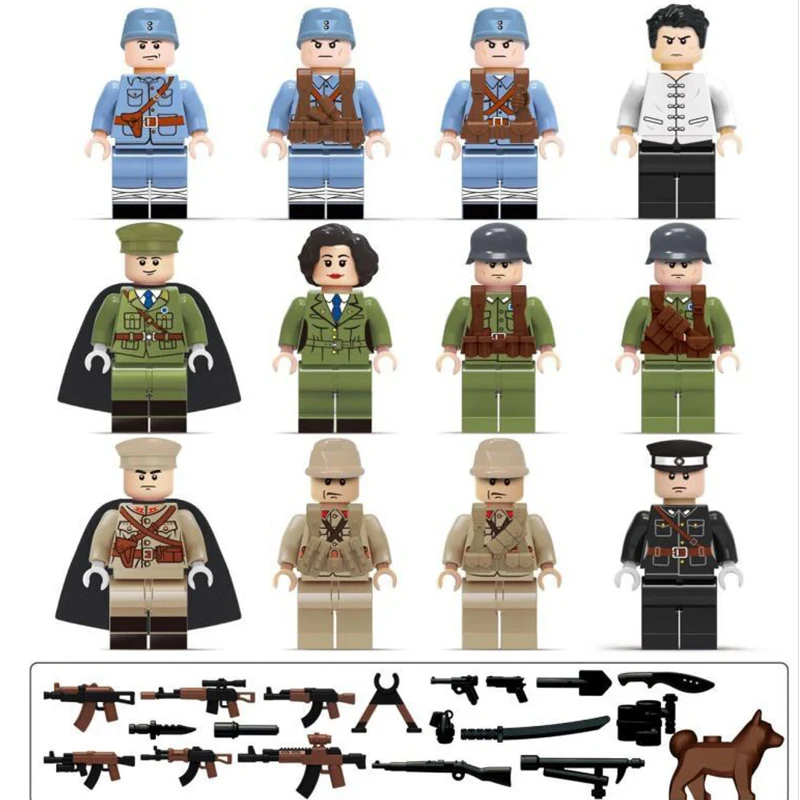 12pcs/set WW2 Military Mini Figures Building Blocks German Soldier Army Officer Weapon LegoINGY Educational Bricks Children Toys