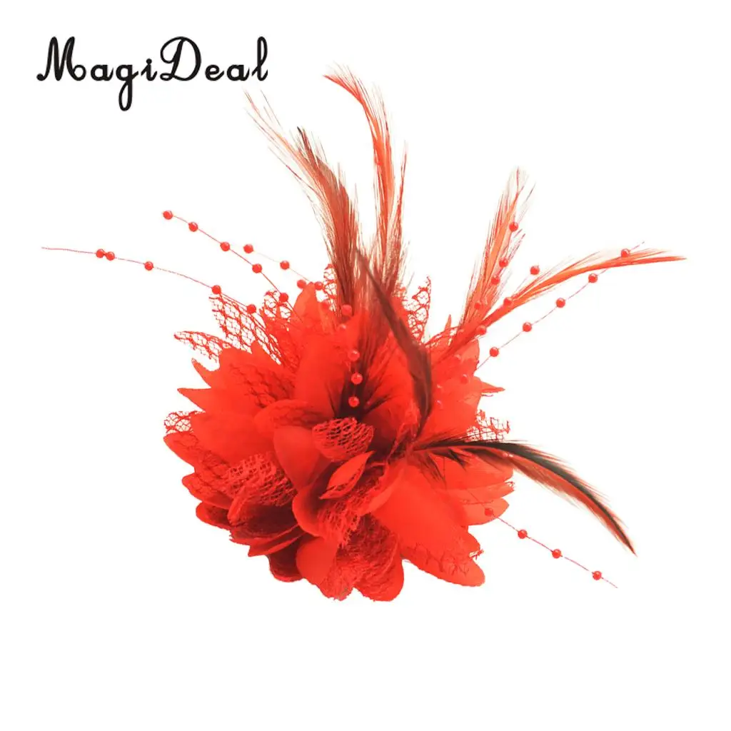 Feather Pearls Flower Decoration,Hair Clip Accessories,Corsage,Brooch ,Wrist Flower Wedding Party Decoration for Bride - Red