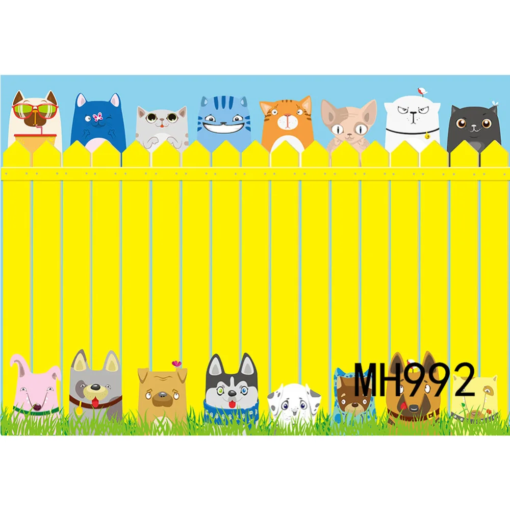 

Polyester Cartoon Yellow Fence Cat And Dog Background Photography Studio Photo Props Photographic Seamless Washable No Crease