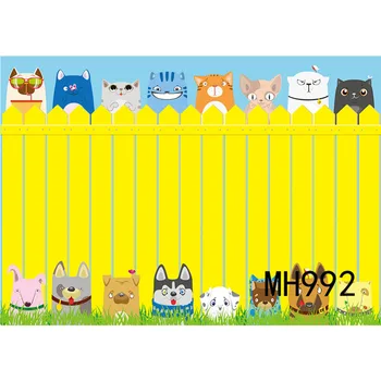 

Polyester Cartoon Yellow Fence Cat And Dog Background Photography Studio Photo Props Photographic Seamless Washable No Crease