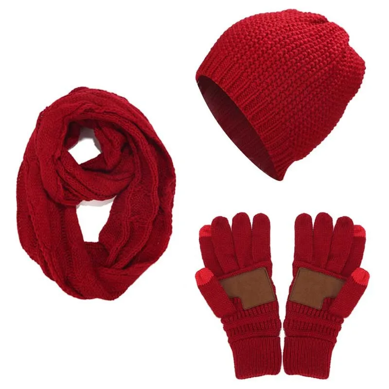 Ponytail Beanie Women Scarf Hat Glove Sets Knitted Winter Cap Warm Skullies Beanies Woolen Hats Casual Female Slouchy Knit Caps - Color: C-Wine red