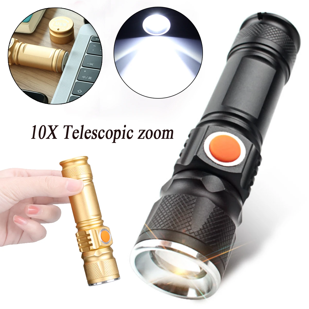 

XM-L T6 USB Rechargeable LED Flashlight Led Torch Light 10X Telescopic zoom Power Work Spot Light Lamp Waterproof For Outdoor