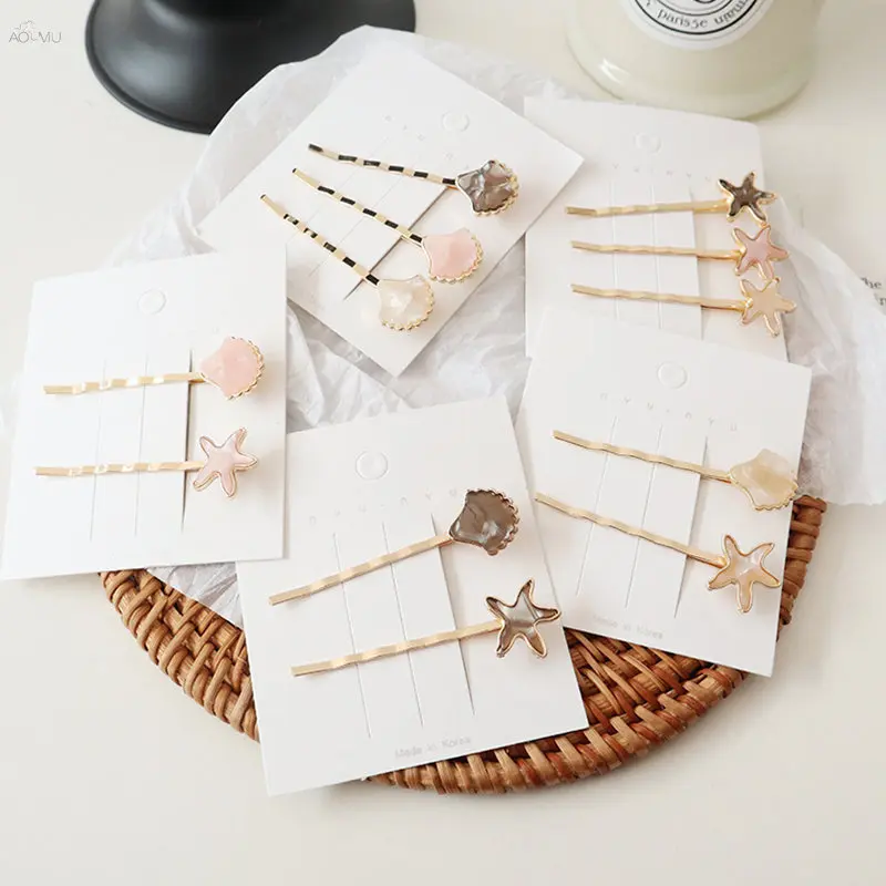 

AOMU 2PC Cute Acetic Acid Pink Starfish Shell Metal Gold Hair Clips Hairpins For Women Girl Korea Fashion Hair Accessories