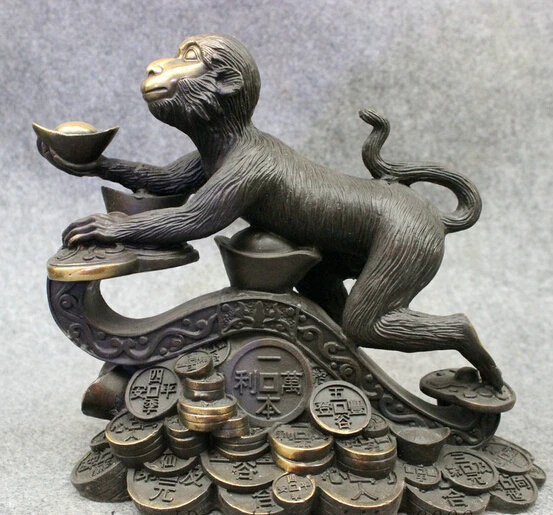 

002642 10" Folk Chinese Year Zodiac Bronze Wealth Monkey On RuYi YuanBao Coin Statue