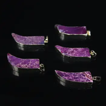 

5pcs/lot,Purple Sea Sediment Jaspers Tusk Slice with Gold edged,Raw Emperor Gems Slab Stick Point Copper Pendant Necklace