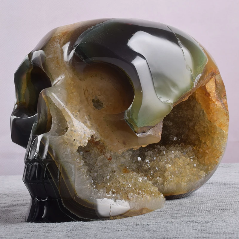 

8 " Big Agate Geode Skull Natural Crystal Halloween Quartz Figurine Skulls 3604 g Carving Healing Onyx Statue Feng Shui Decor