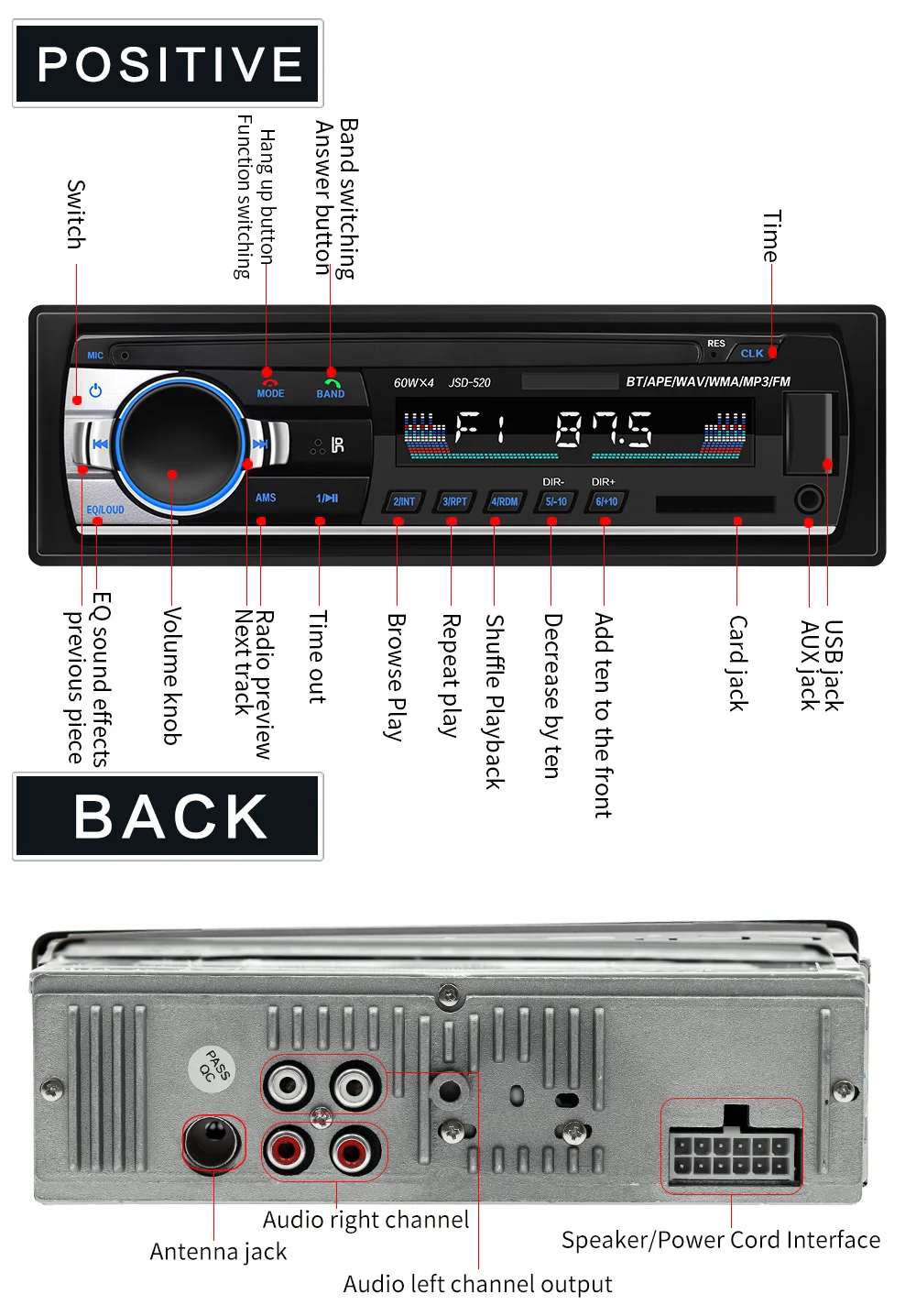 AMPrime Bluetooth Авторадио Стерео радио FM Aux вход приемник SD USB JSD-520 12 В In-dash 1 din автомобильный MP3 мультимедийный плеер