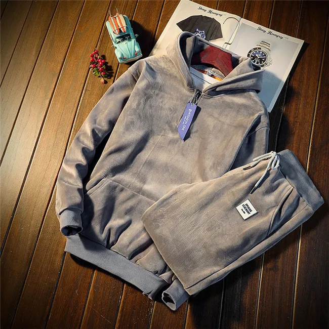 Grey Спортивный комплект, мужское худи, спортивные костюмы, зимние спортивные костюмы, мужской комплект, плотный флисовый пуловер толстовка+ штаны, костюм - Цвет: Grey