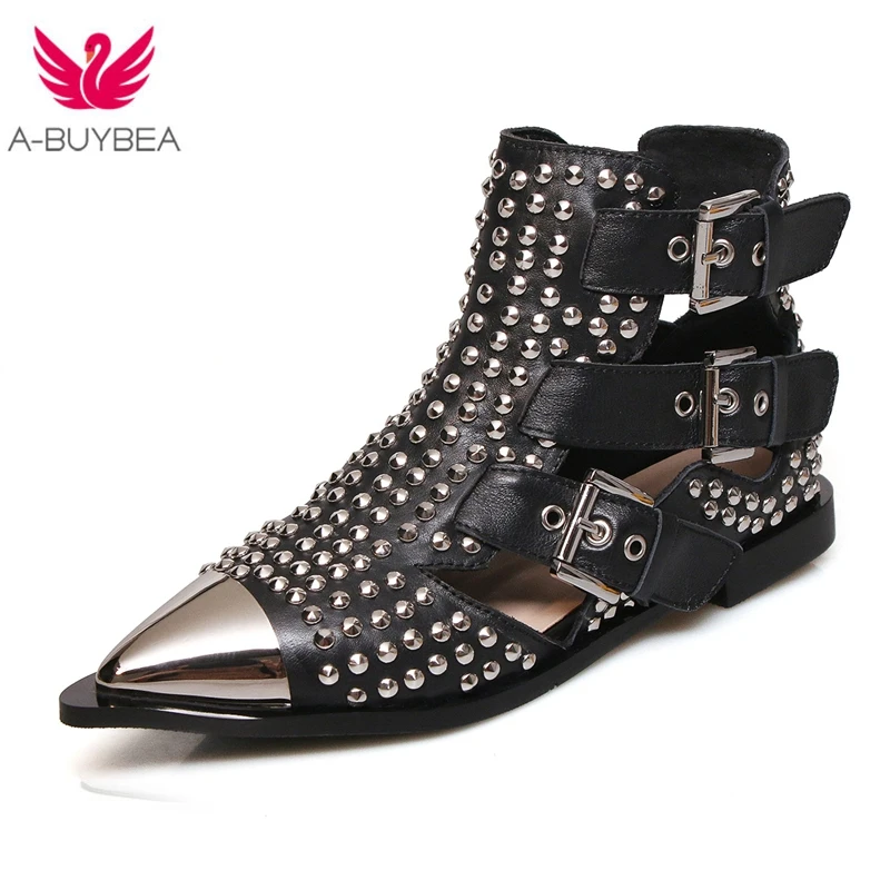 

New Metal Studded Rivets Short Boots Sandal Woman Pointy Toe Buckle Straps ShortBoots Cut Out Fashion Cool Shoes Woman